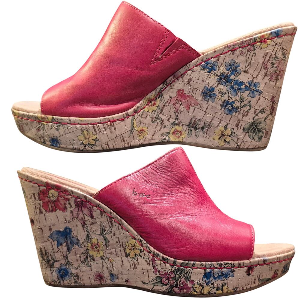 BOC Red Leather Floral Cork Wedge Platform Shoes Sandals Mules Clogs Women's 10